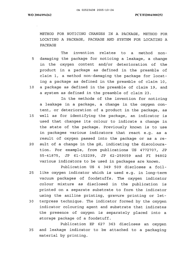 Document de brevet canadien 2523438. Description 20051024. Image 1 de 15