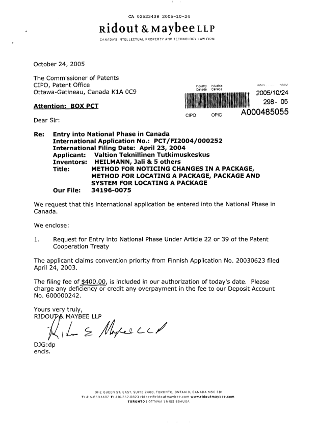 Document de brevet canadien 2523438. Cession 20051024. Image 1 de 3