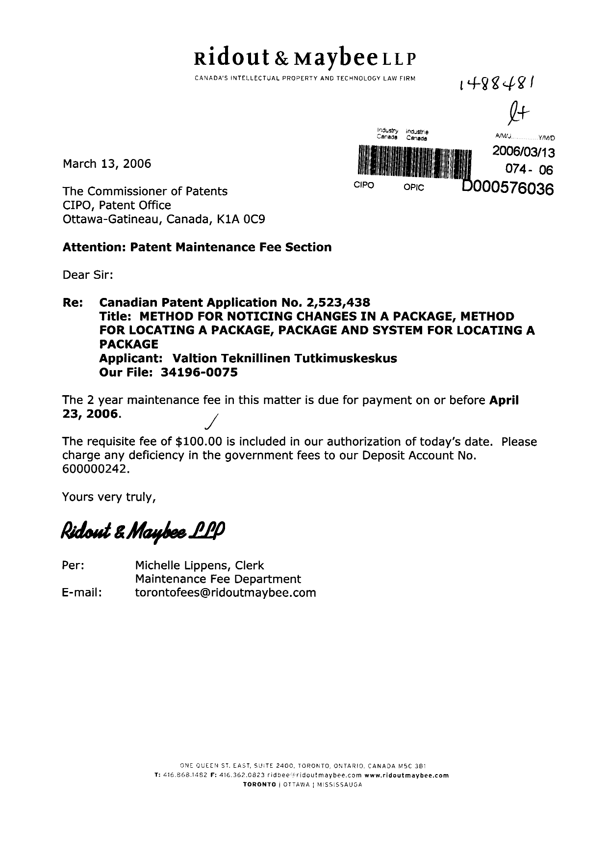 Canadian Patent Document 2523438. Fees 20060313. Image 1 of 1