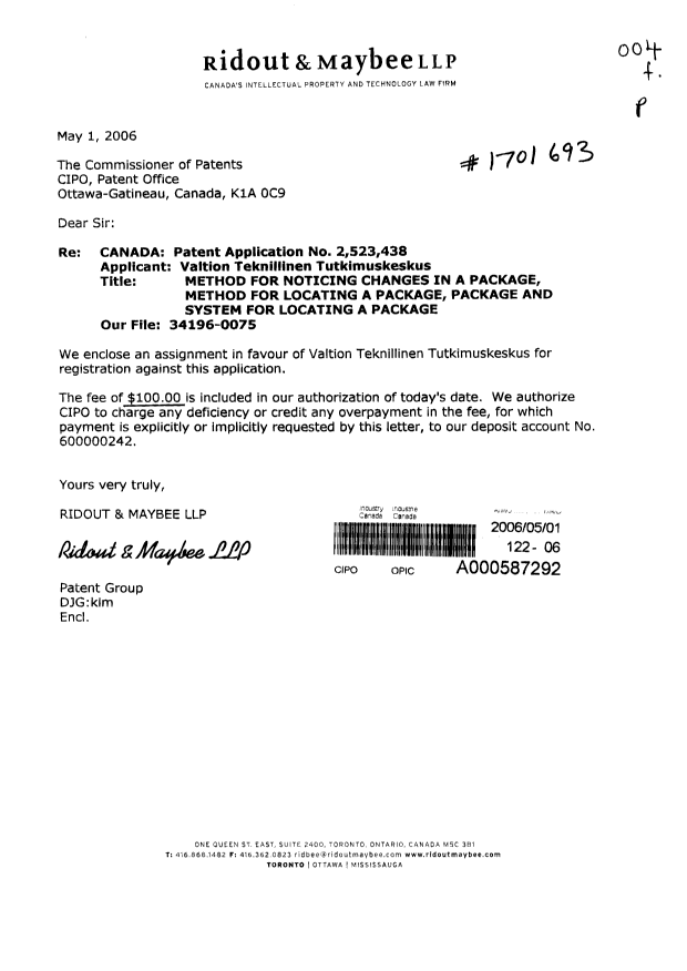 Document de brevet canadien 2523438. Cession 20060501. Image 1 de 3