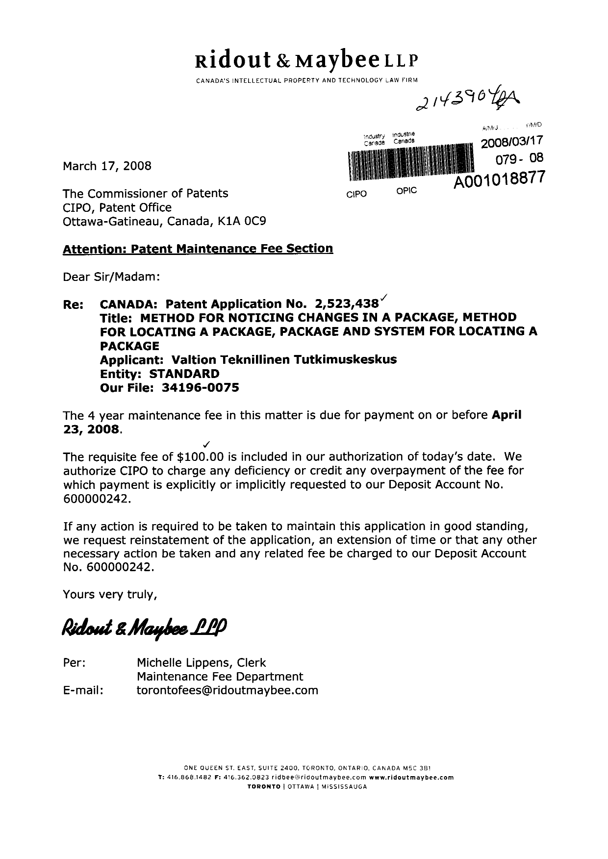 Canadian Patent Document 2523438. Fees 20080317. Image 1 of 1