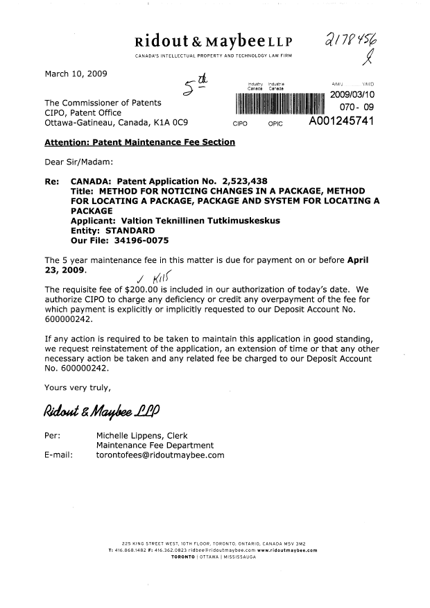Document de brevet canadien 2523438. Taxes 20090310. Image 1 de 1