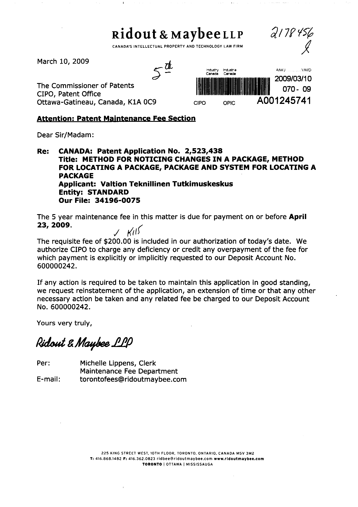 Canadian Patent Document 2523438. Fees 20090310. Image 1 of 1