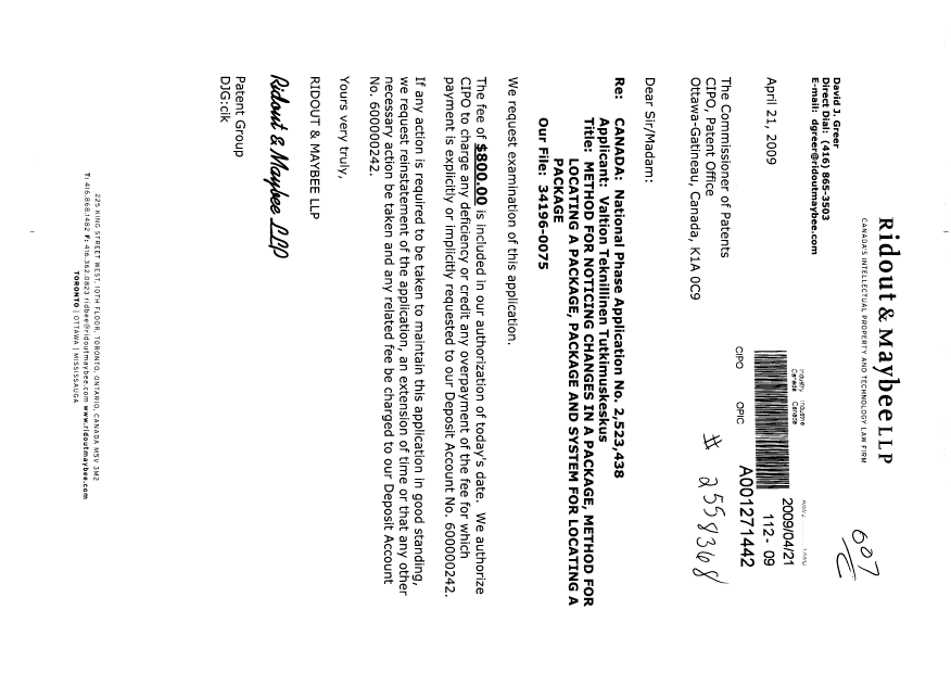 Canadian Patent Document 2523438. Prosecution-Amendment 20090421. Image 1 of 1