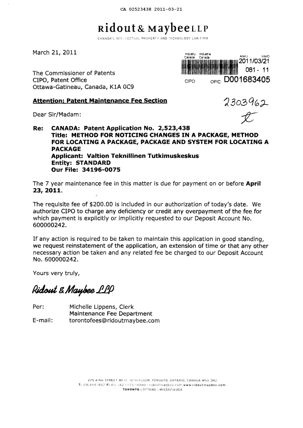 Document de brevet canadien 2523438. Taxes 20110321. Image 1 de 1