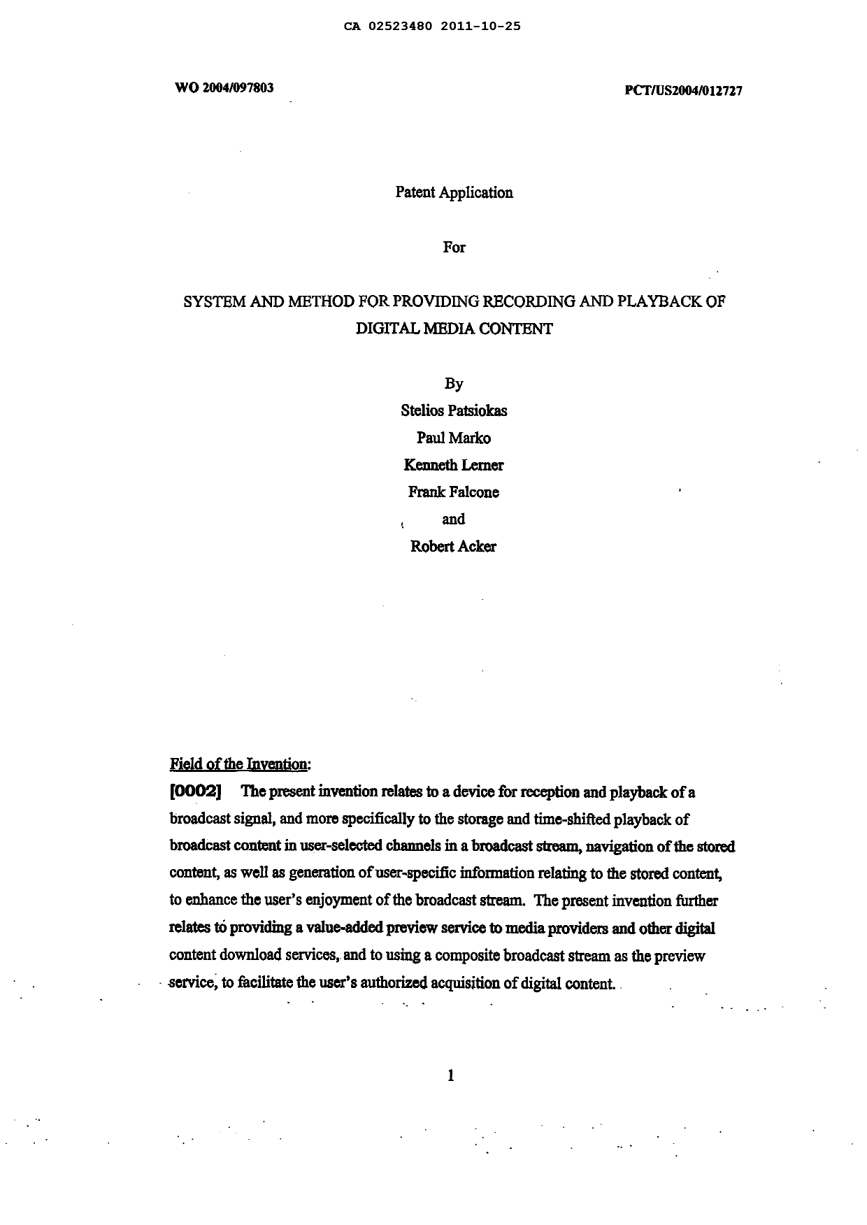 Document de brevet canadien 2523480. Description 20111025. Image 1 de 49