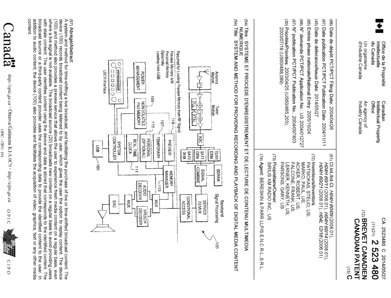 Document de brevet canadien 2523480. Page couverture 20140430. Image 1 de 1