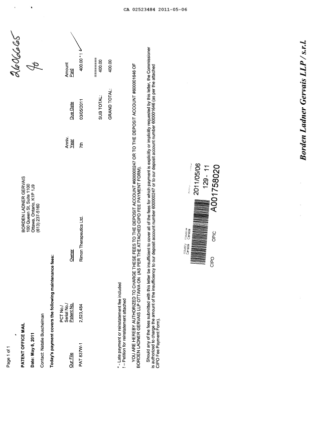 Canadian Patent Document 2523484. Fees 20110506. Image 1 of 2