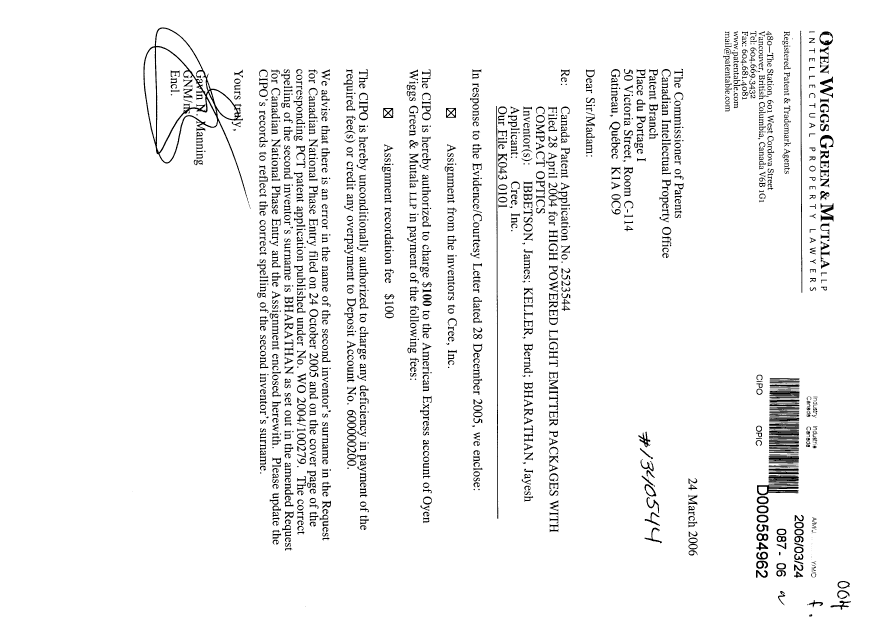 Document de brevet canadien 2523544. Cession 20060324. Image 1 de 5