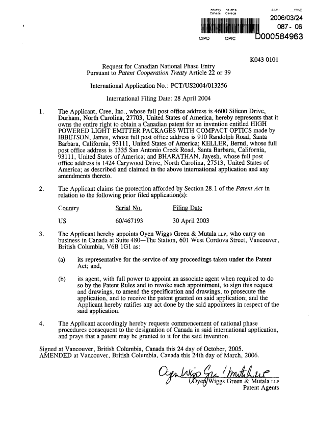 Document de brevet canadien 2523544. Cession 20060324. Image 2 de 5