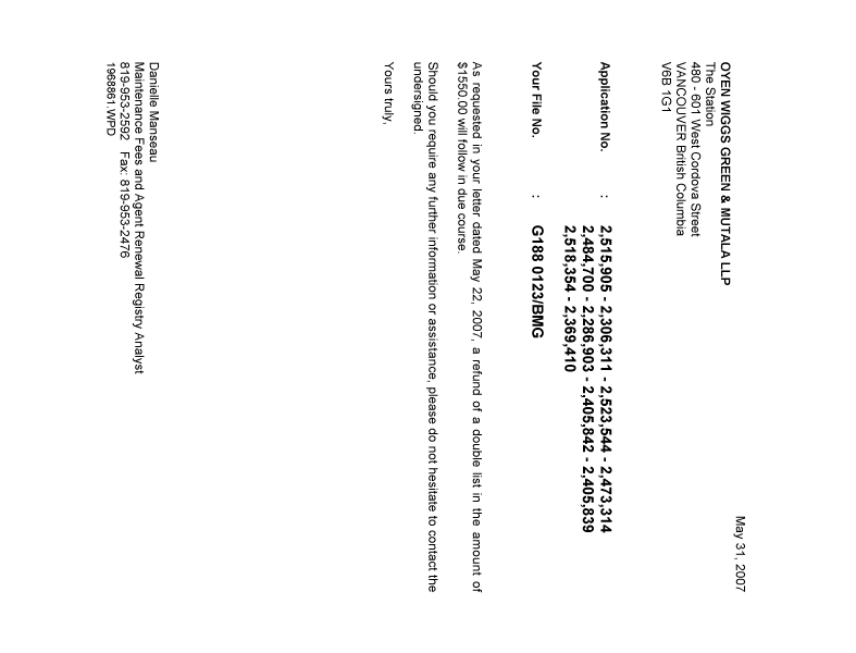 Document de brevet canadien 2523544. Correspondance 20070531. Image 1 de 1