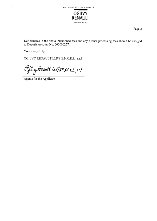 Document de brevet canadien 2523573. Cession 20051025. Image 2 de 4