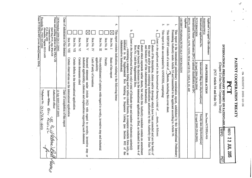 Document de brevet canadien 2523573. PCT 20051026. Image 1 de 3