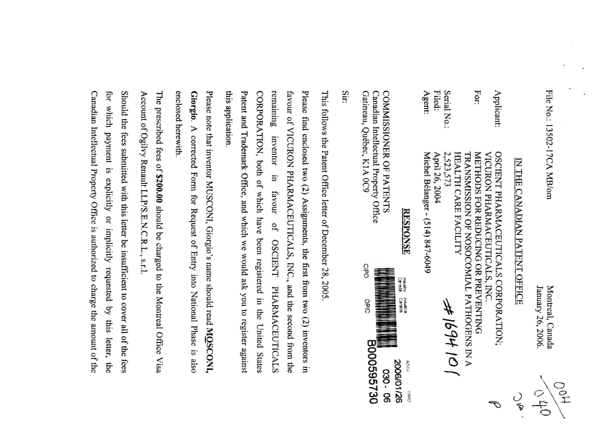 Document de brevet canadien 2523573. Cession 20060126. Image 1 de 13