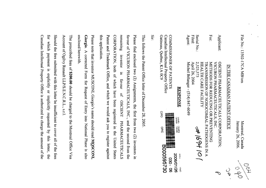 Document de brevet canadien 2523573. Correspondance 20060126. Image 1 de 3