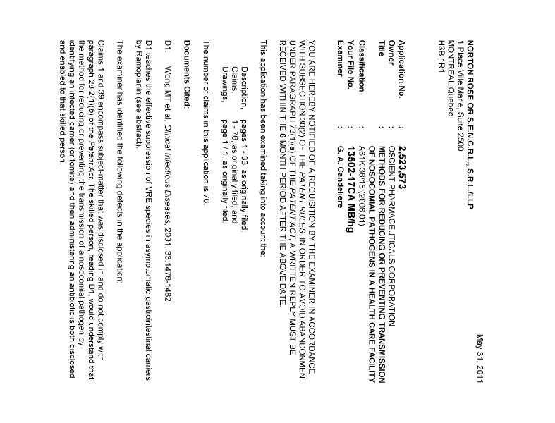 Document de brevet canadien 2523573. Poursuite-Amendment 20110531. Image 1 de 2