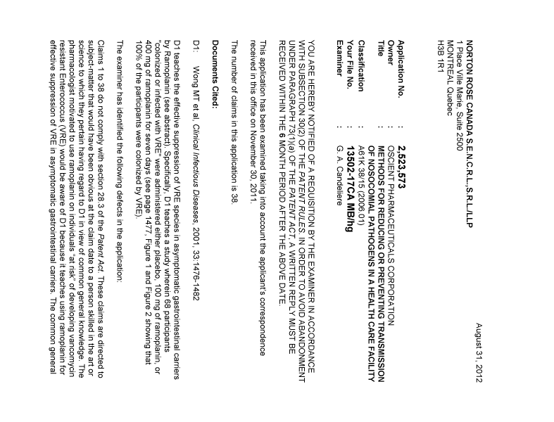 Document de brevet canadien 2523573. Poursuite-Amendment 20120831. Image 1 de 2