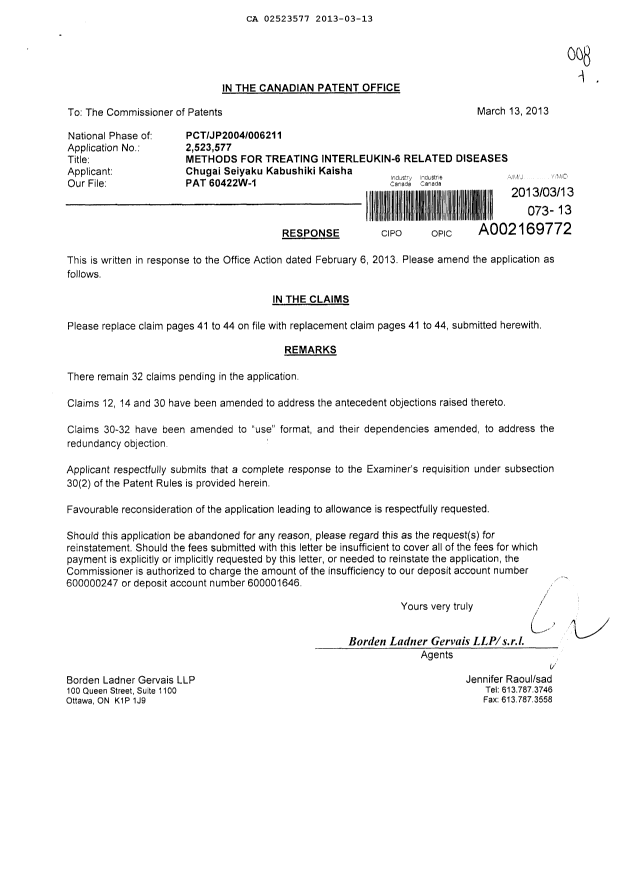 Canadian Patent Document 2523577. Prosecution-Amendment 20130313. Image 1 of 5