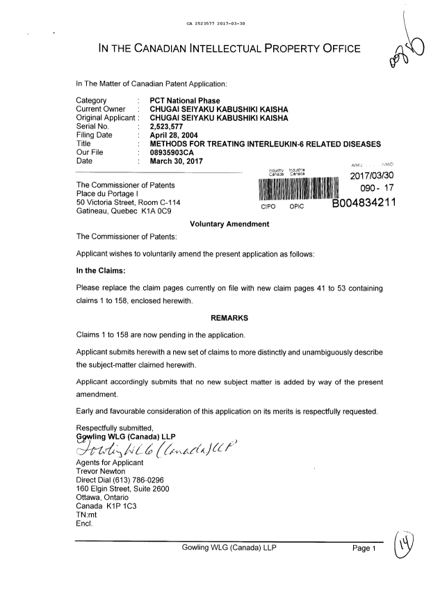 Canadian Patent Document 2523577. Amendment 20170330. Image 1 of 14