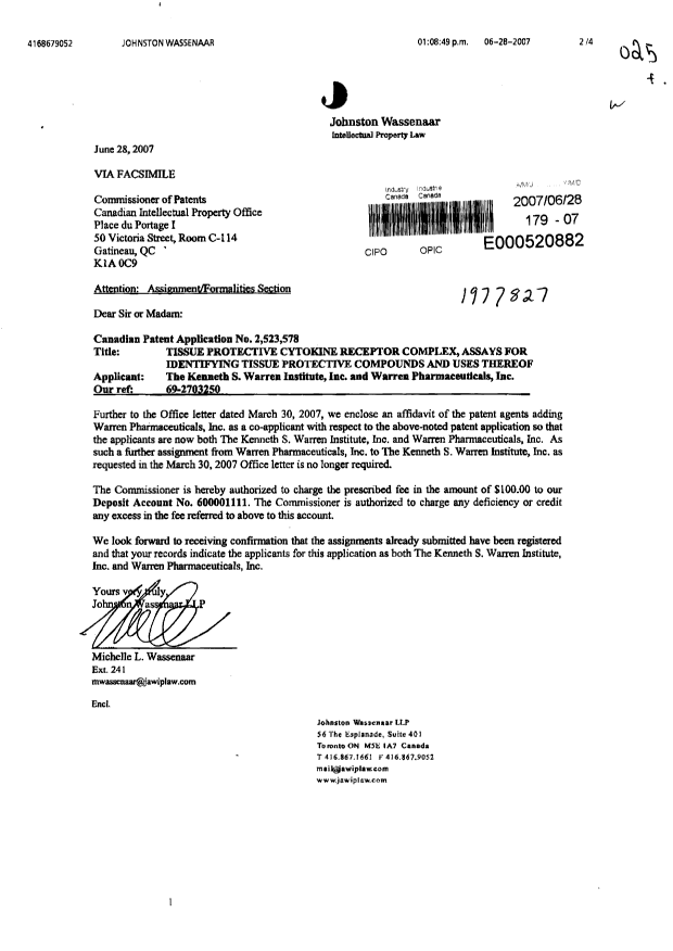 Document de brevet canadien 2523578. Cession 20070628. Image 1 de 4