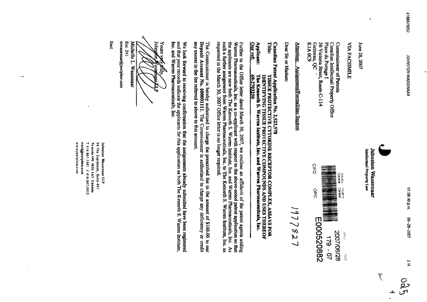Canadian Patent Document 2523578. Assignment 20070628. Image 1 of 4