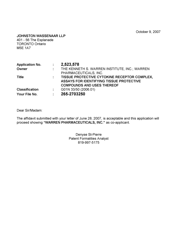 Document de brevet canadien 2523578. Correspondance 20071009. Image 1 de 1