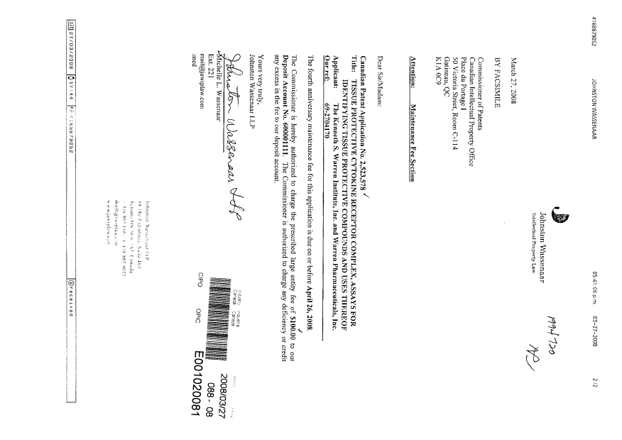 Canadian Patent Document 2523578. Fees 20080327. Image 1 of 1