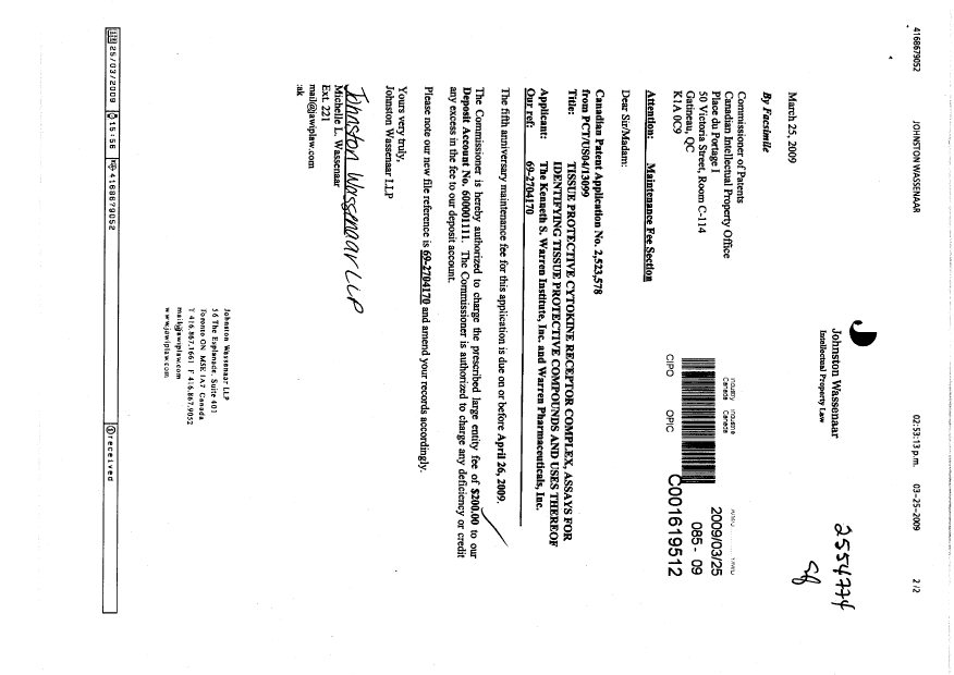 Canadian Patent Document 2523578. Fees 20090325. Image 1 of 2