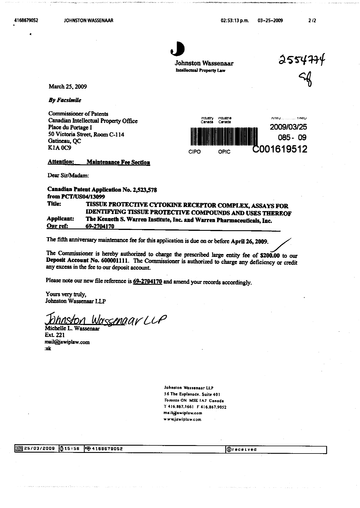 Canadian Patent Document 2523578. Fees 20090325. Image 1 of 2