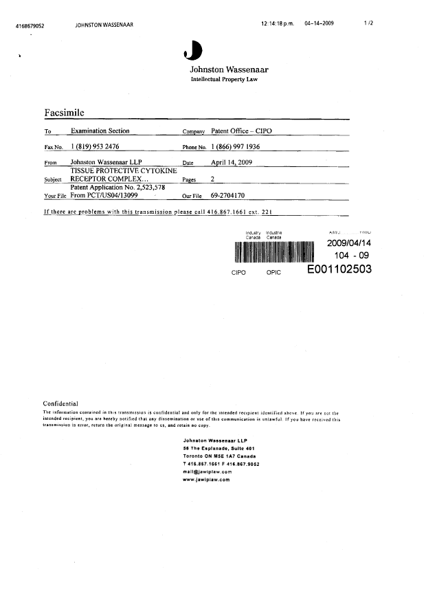 Canadian Patent Document 2523578. Prosecution-Amendment 20090414. Image 2 of 2