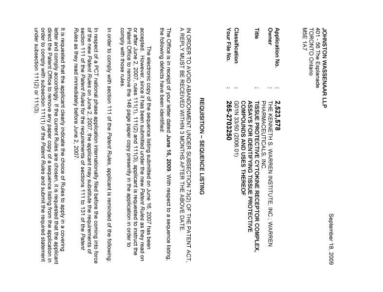 Canadian Patent Document 2523578. Correspondence 20090918. Image 1 of 2