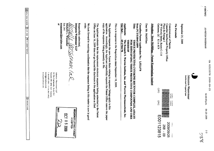 Canadian Patent Document 2523578. Prosecution-Amendment 20090925. Image 1 of 2