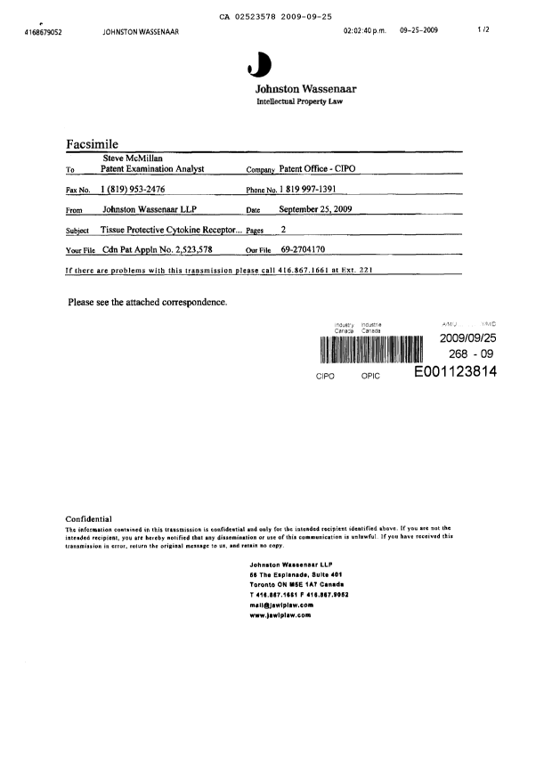 Canadian Patent Document 2523578. Prosecution-Amendment 20090925. Image 2 of 2