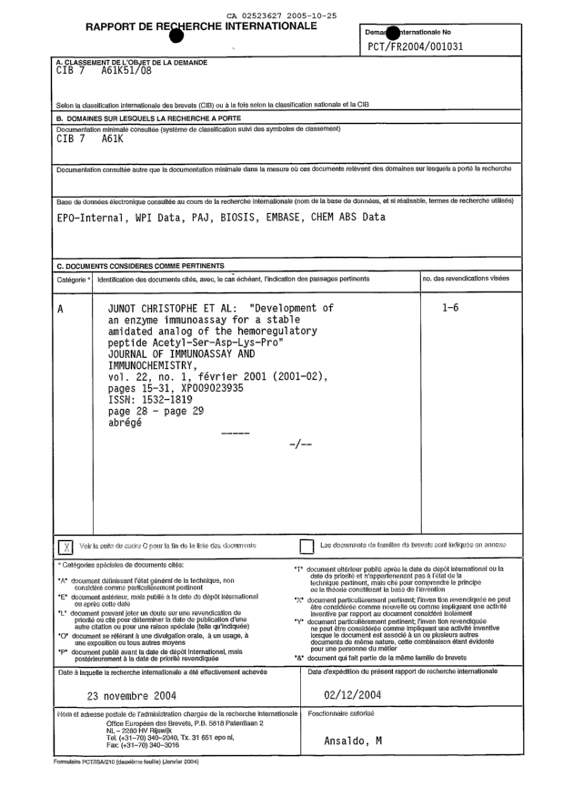 Canadian Patent Document 2523627. PCT 20051025. Image 1 of 2