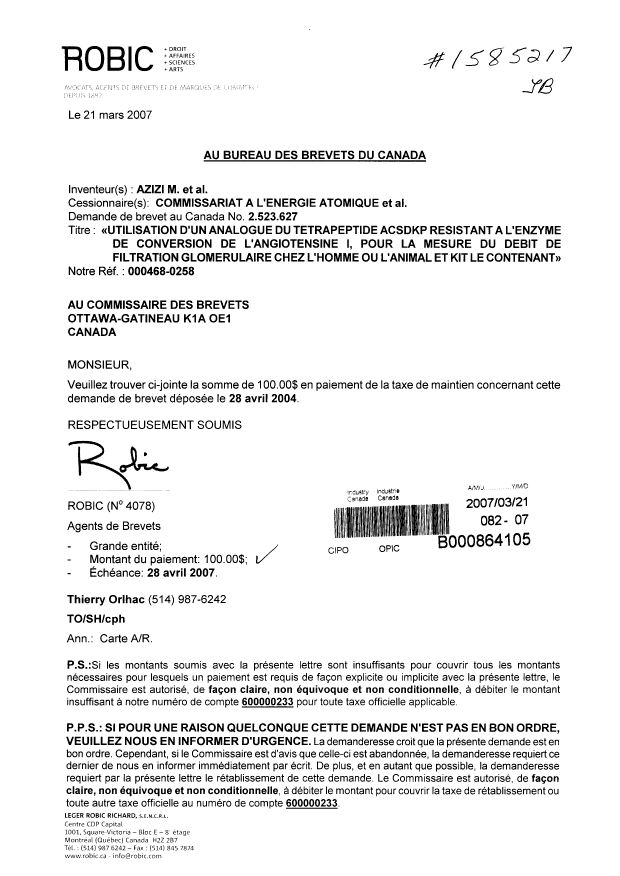 Canadian Patent Document 2523627. Fees 20070321. Image 1 of 1
