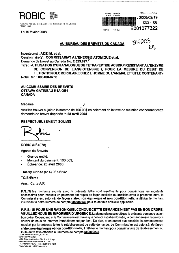 Canadian Patent Document 2523627. Fees 20080219. Image 1 of 1