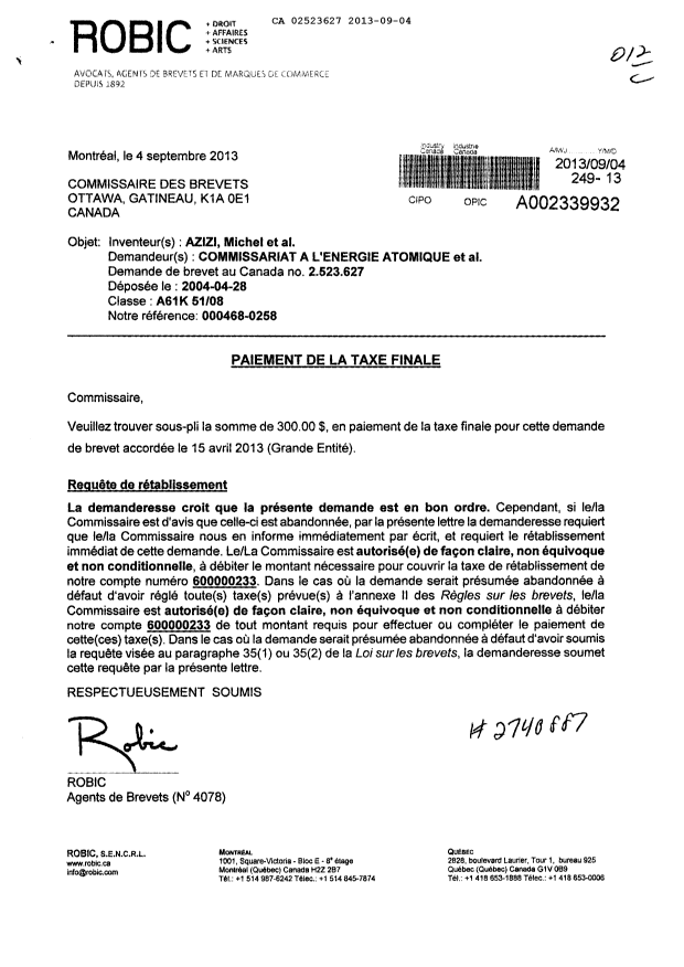 Canadian Patent Document 2523627. Correspondence 20130904. Image 1 of 2