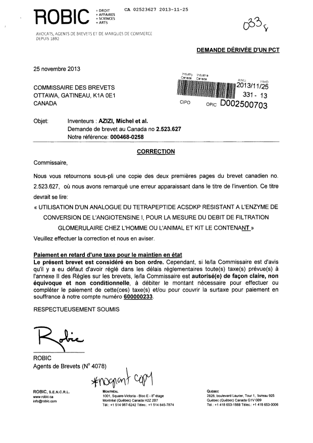 Canadian Patent Document 2523627. Correspondence 20131125. Image 1 of 4