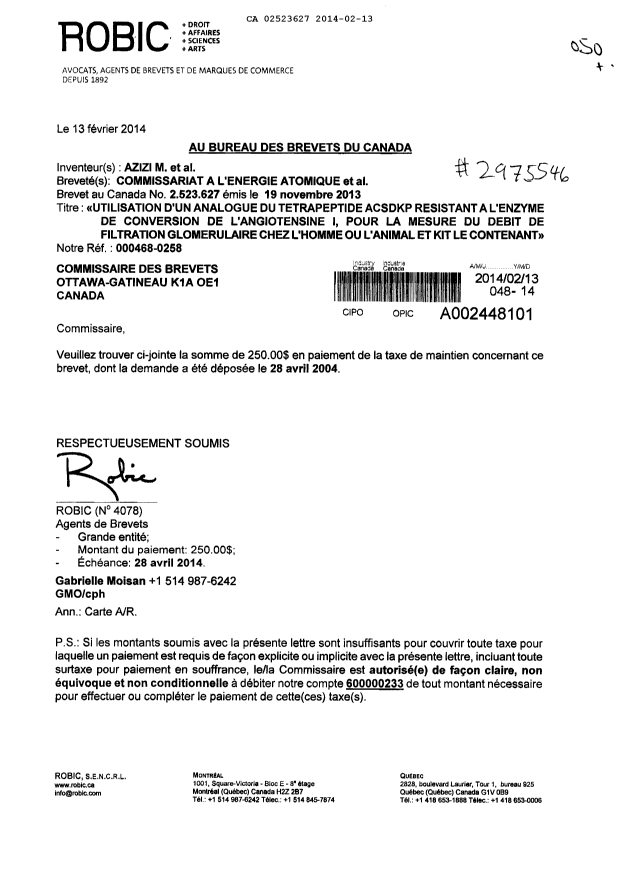 Canadian Patent Document 2523627. Fees 20140213. Image 1 of 1