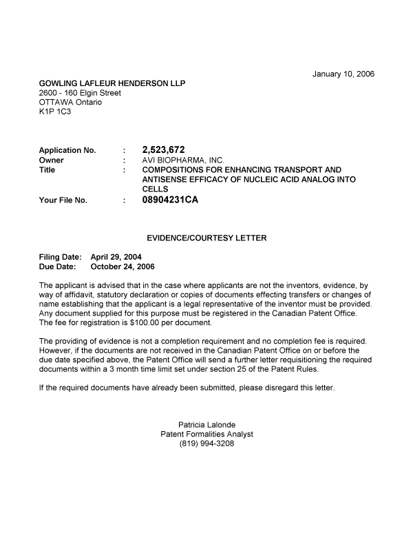 Canadian Patent Document 2523672. Correspondence 20060105. Image 1 of 1