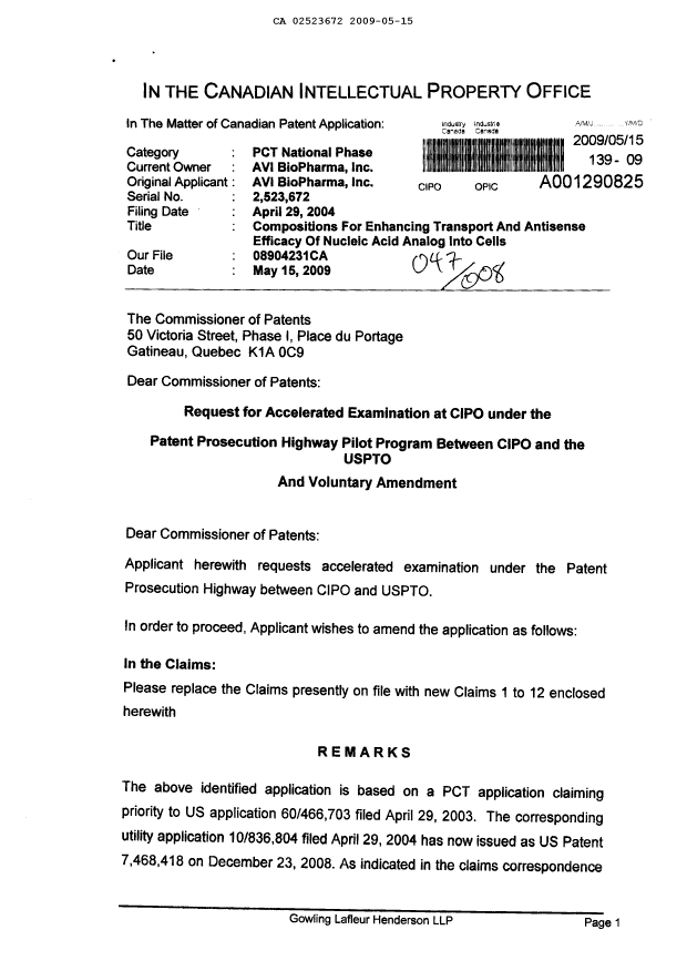 Canadian Patent Document 2523672. Prosecution-Amendment 20090515. Image 1 of 6