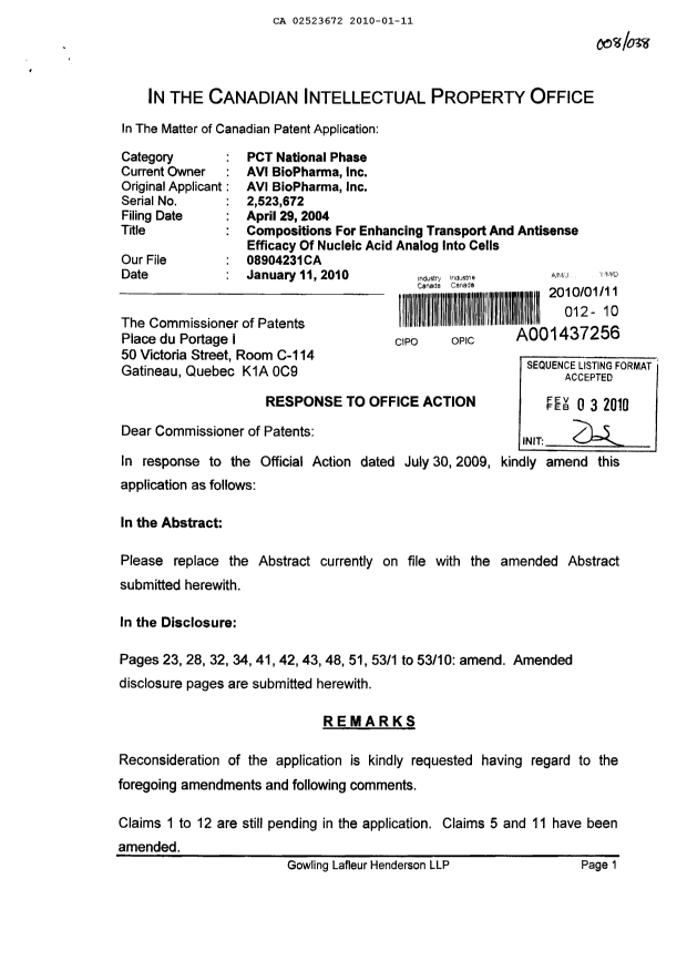 Canadian Patent Document 2523672. Prosecution-Amendment 20100111. Image 1 of 26