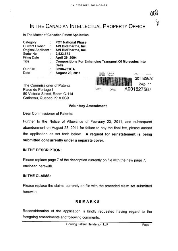 Canadian Patent Document 2523672. Prosecution-Amendment 20110829. Image 1 of 12