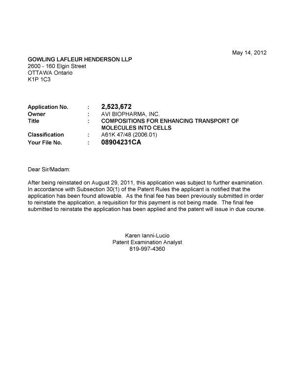 Canadian Patent Document 2523672. Prosecution-Amendment 20120514. Image 1 of 1