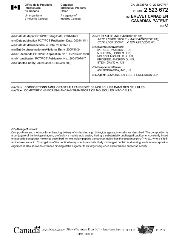 Canadian Patent Document 2523672. Cover Page 20120621. Image 1 of 1