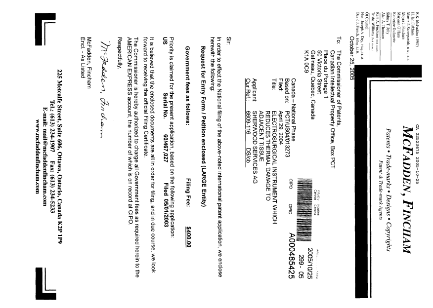 Document de brevet canadien 2523675. Cession 20051025. Image 1 de 2