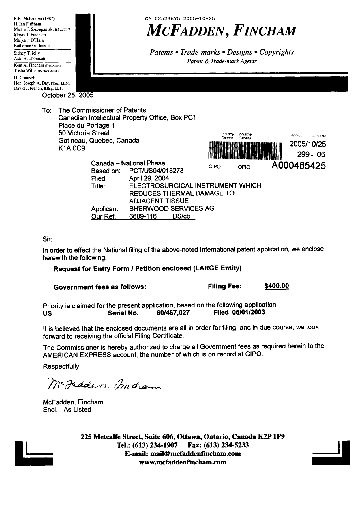 Document de brevet canadien 2523675. Cession 20051025. Image 1 de 2