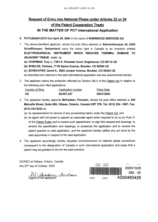 Document de brevet canadien 2523675. Cession 20051025. Image 2 de 2