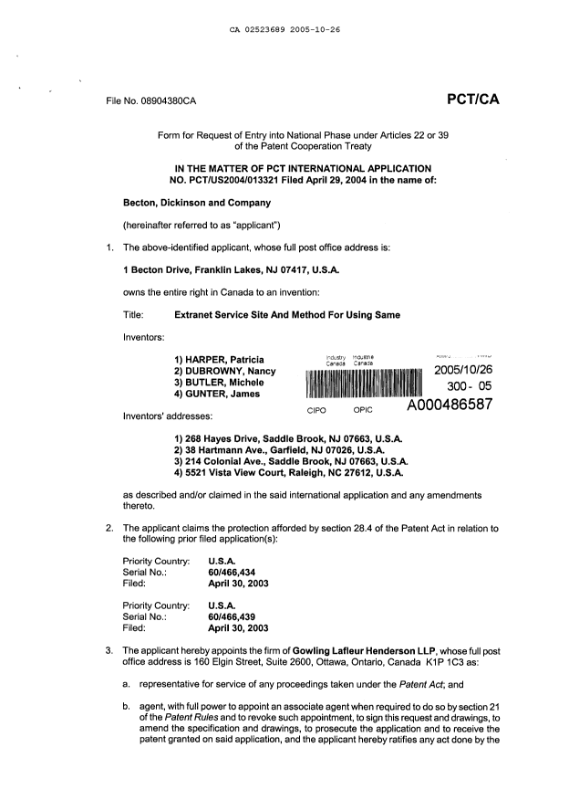 Document de brevet canadien 2523689. Cession 20051026. Image 2 de 3