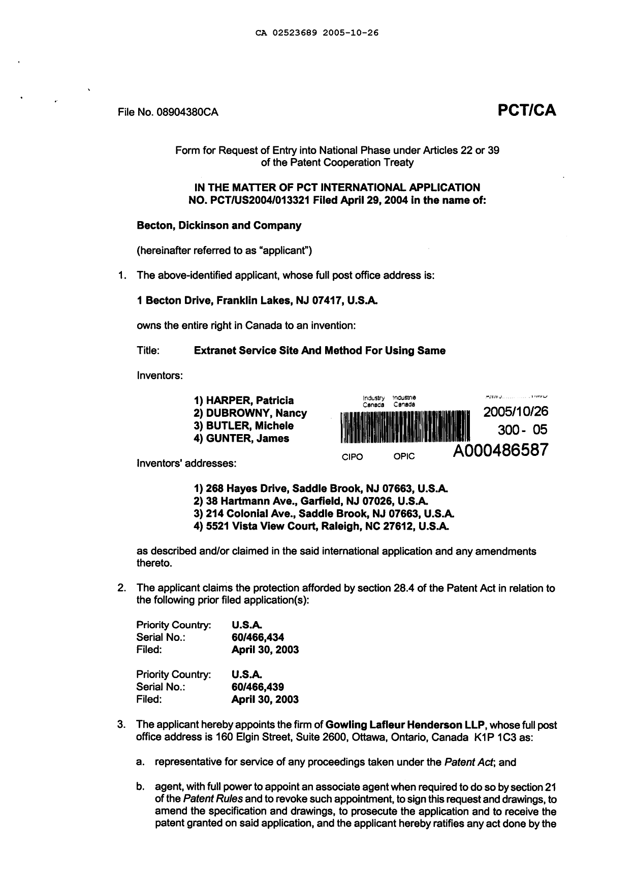 Canadian Patent Document 2523689. Assignment 20051026. Image 2 of 3